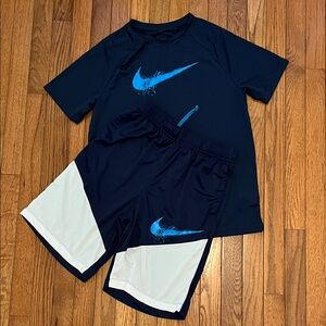 Nike boys shorts and tshirt dry fit YXL Navy and Whit